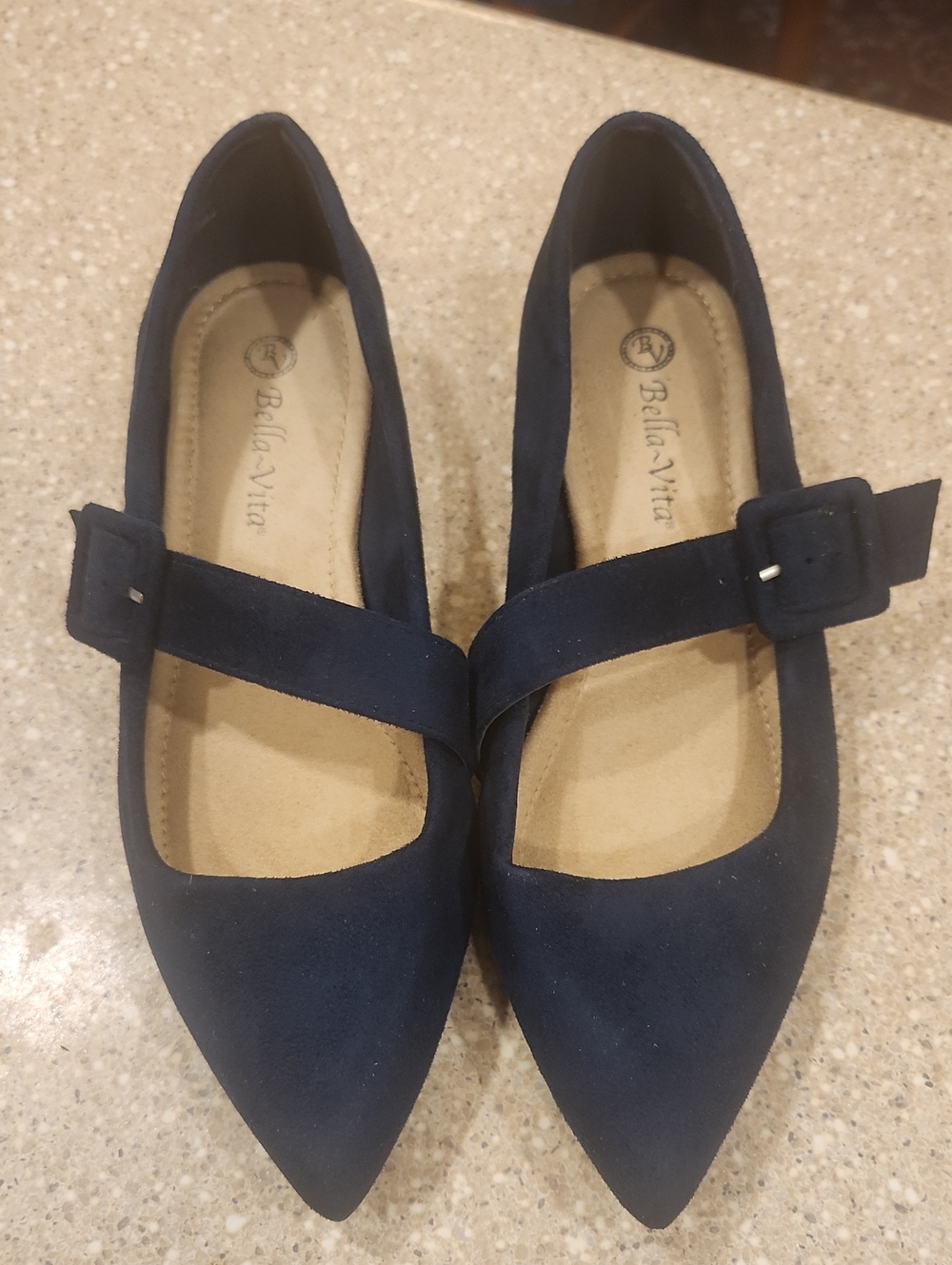 Bella Vita Navy Pointed Mary Jane Flats with Buckle Strap, Size 9.5W